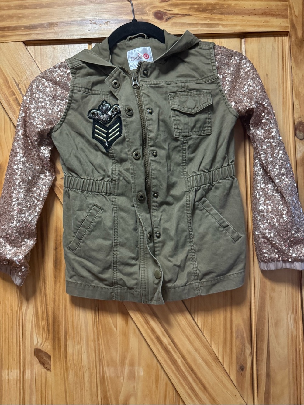 Annie Olive Hooded Jacket with Rose Gold Sequin Sleeves